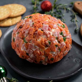 Side angled view of an Italian Grinder Cheese ball on a plate.
