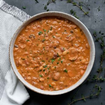 Overhead view of a bowl of 15 Bean Soup.