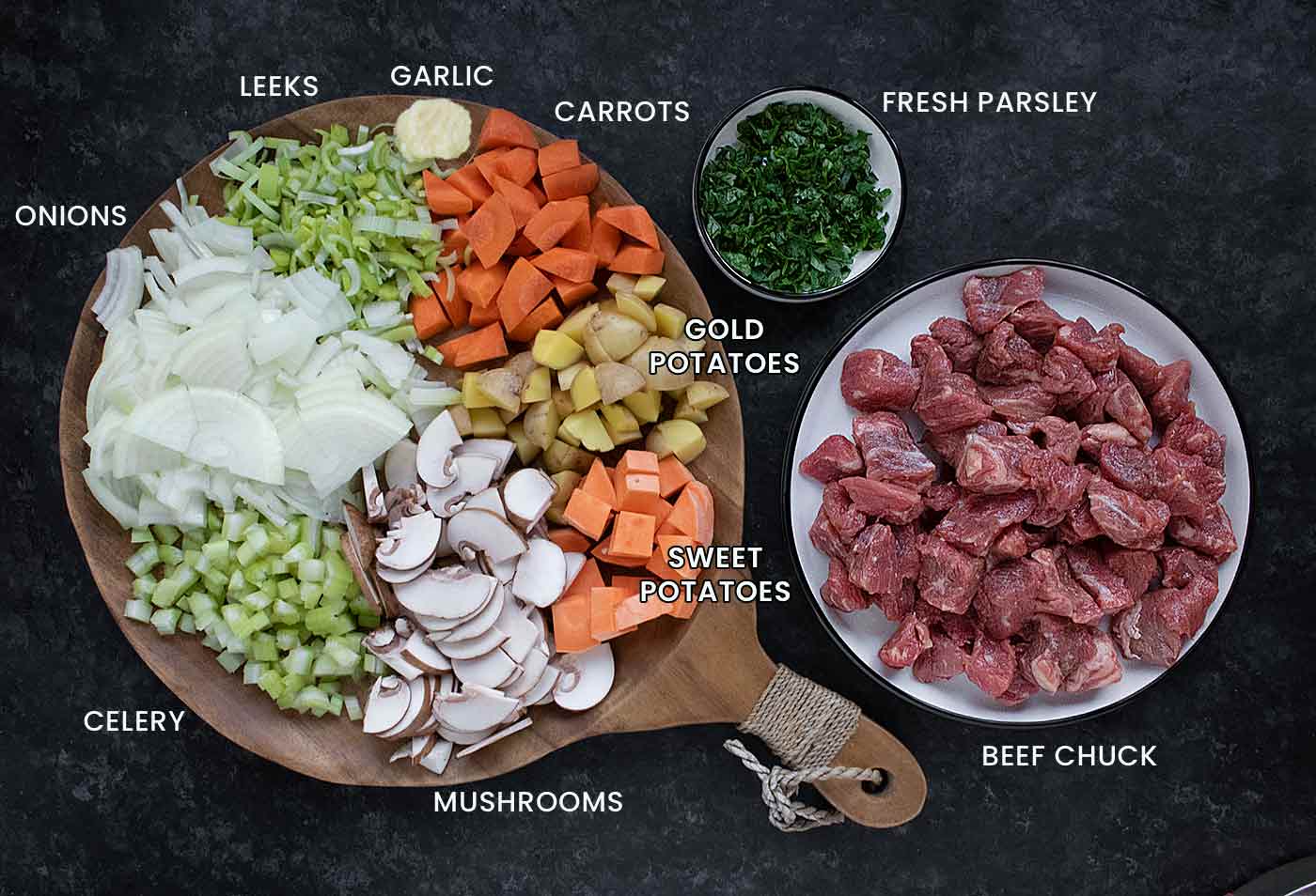 The main ingredients prepped and displayed on serving boards.