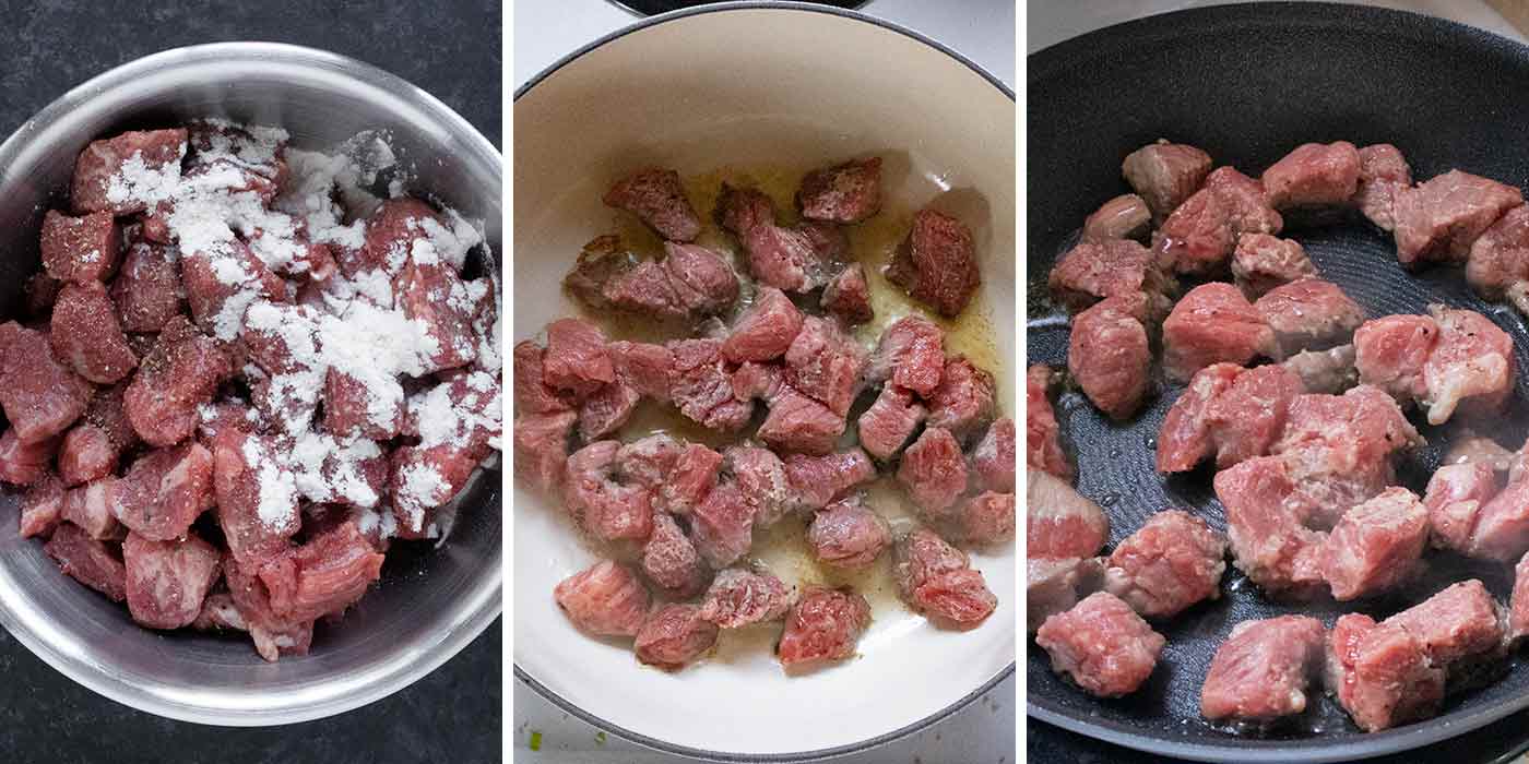 A photo trio showing seasoning and browning the beef.