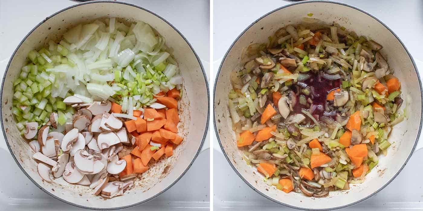 A photo duo showing sauteing the vegetables and deglazing the pan with red wine.