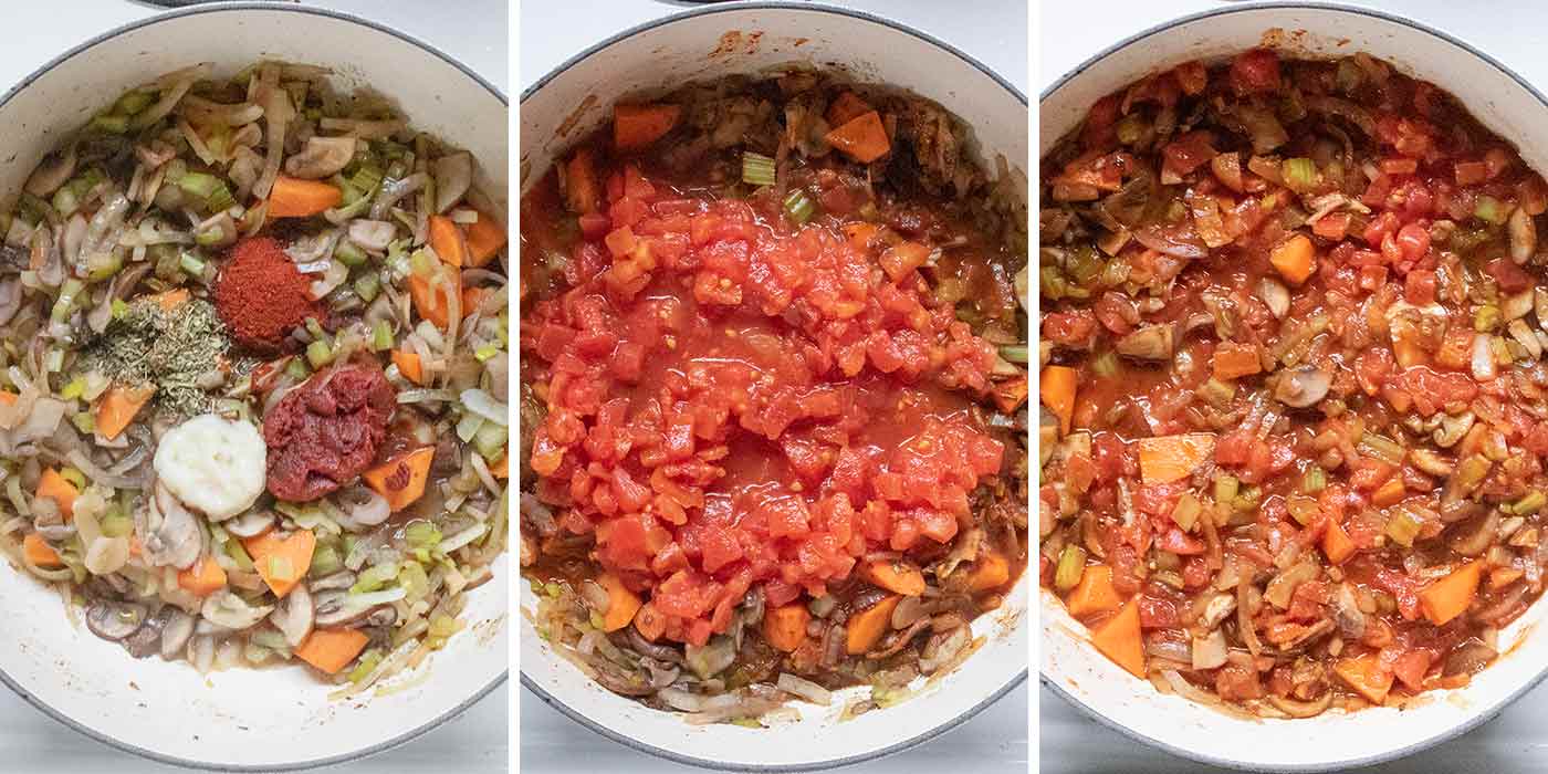 A photo trio showing adding the seasonings and tomatoes.