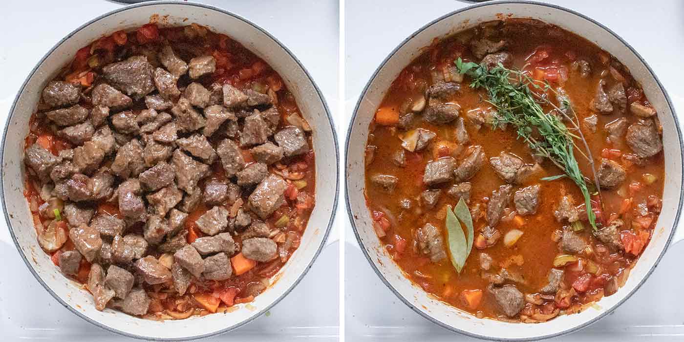 A photo duo showing adding the browned beef back to the pot, along with the broth and herbs.