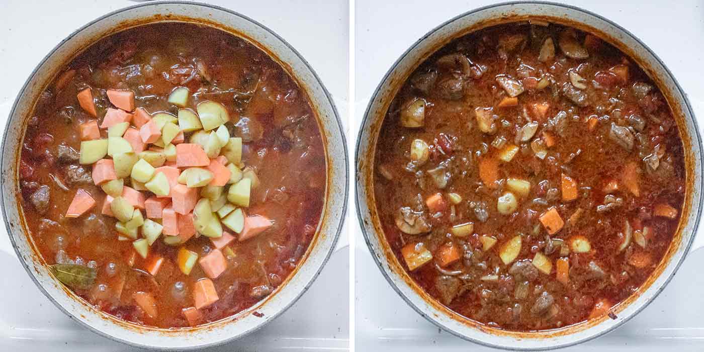 A photo duo showing adding the potatoes and finishing up the soup.