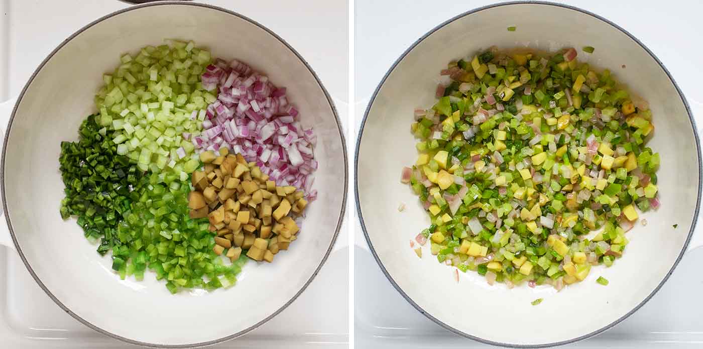 A photo duo showing sauteeing the aromatic vegetables, chiles, and potatoes.