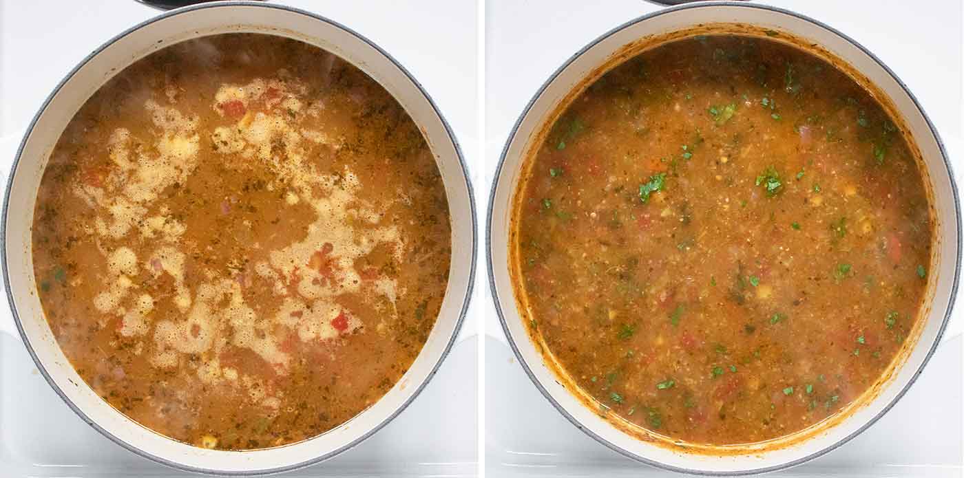 Photo duo showing simmering the soup.