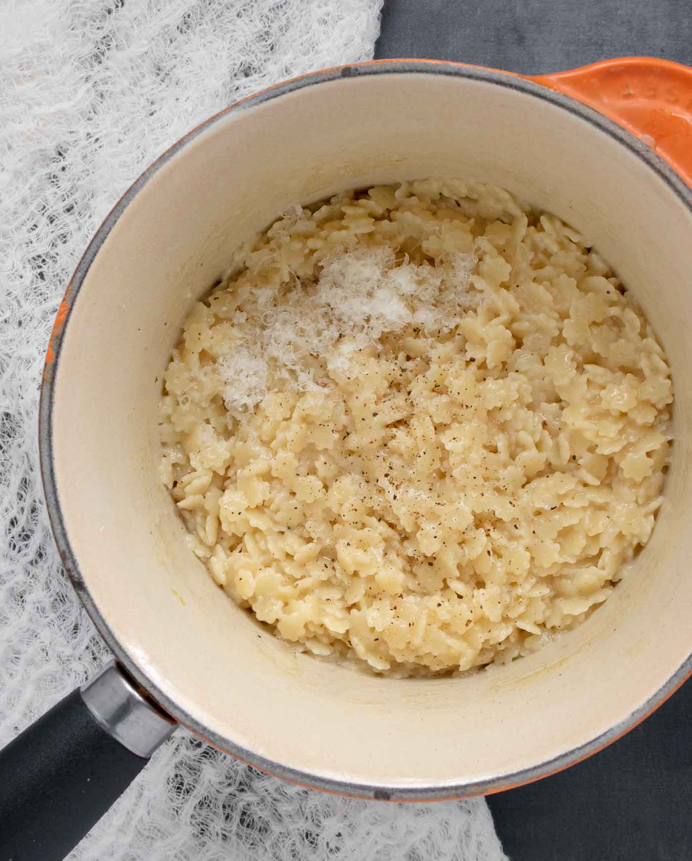 Overhead view of a pot of pastina.