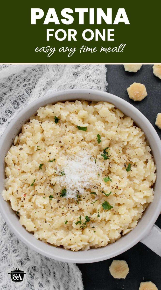 Pinterest pin image featuring a photo of a bowl of Pastina.