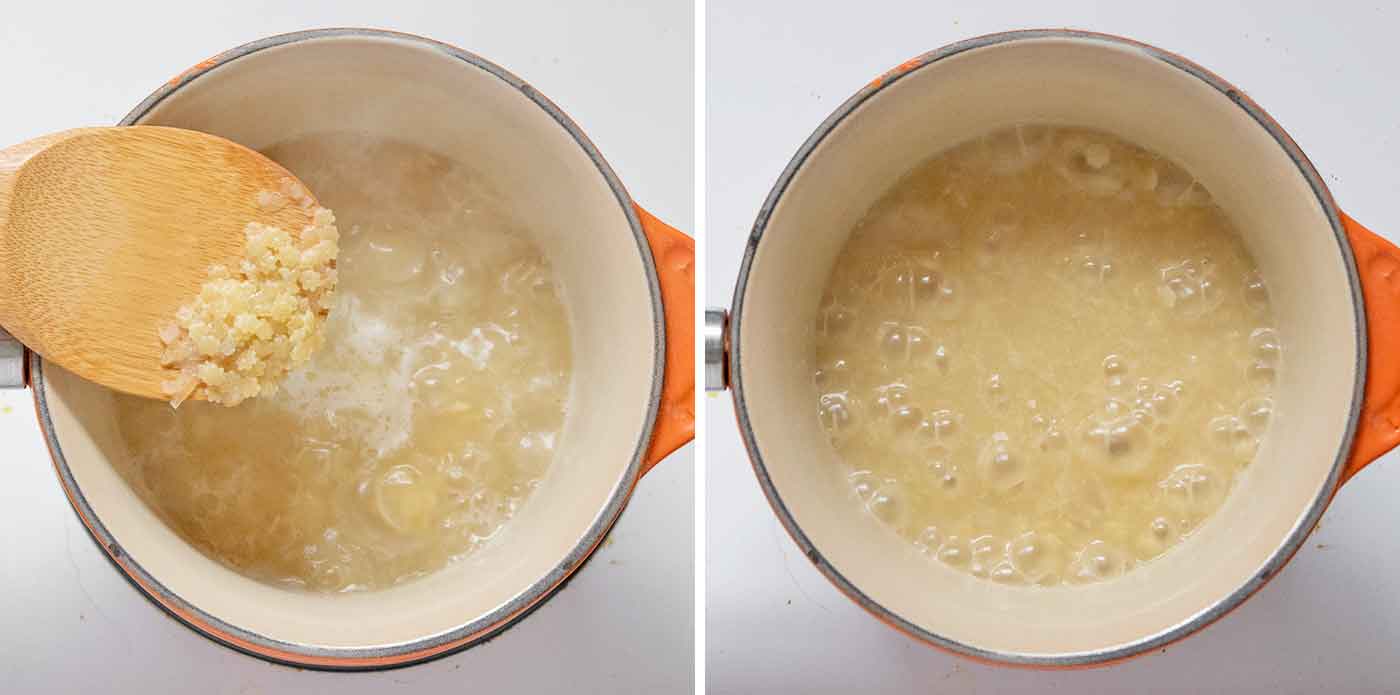 Photo duo showing cooking the pasta.