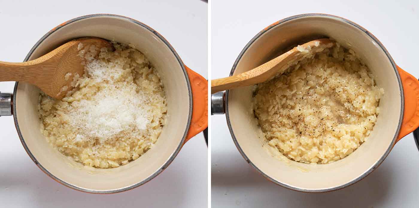 Photo duo showing stirring in the cheese and black pepper.