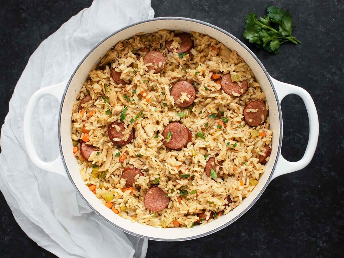 An overhead view of a pot of Chicken Bog.