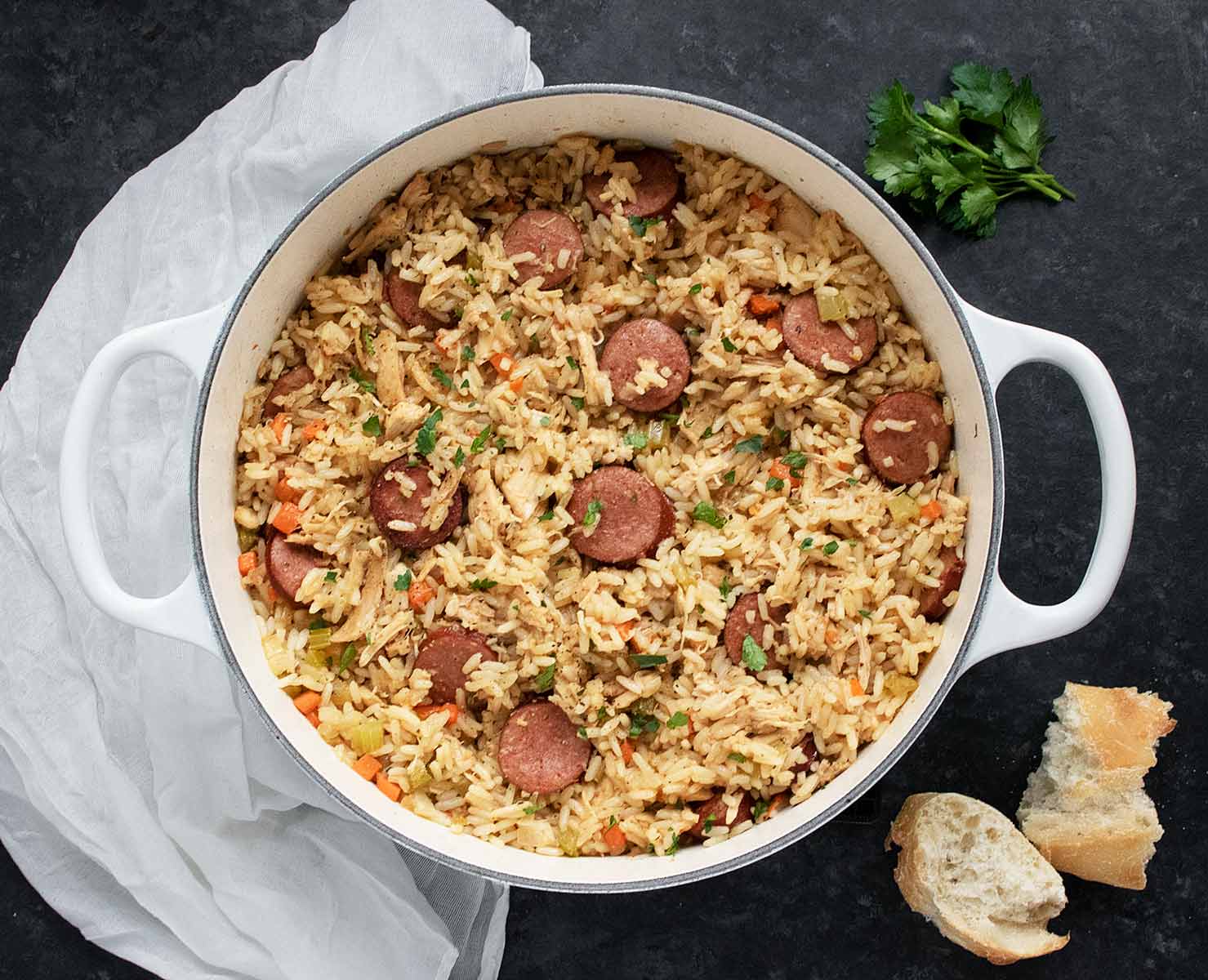 Overhead view of a pot of Chicken Bog.