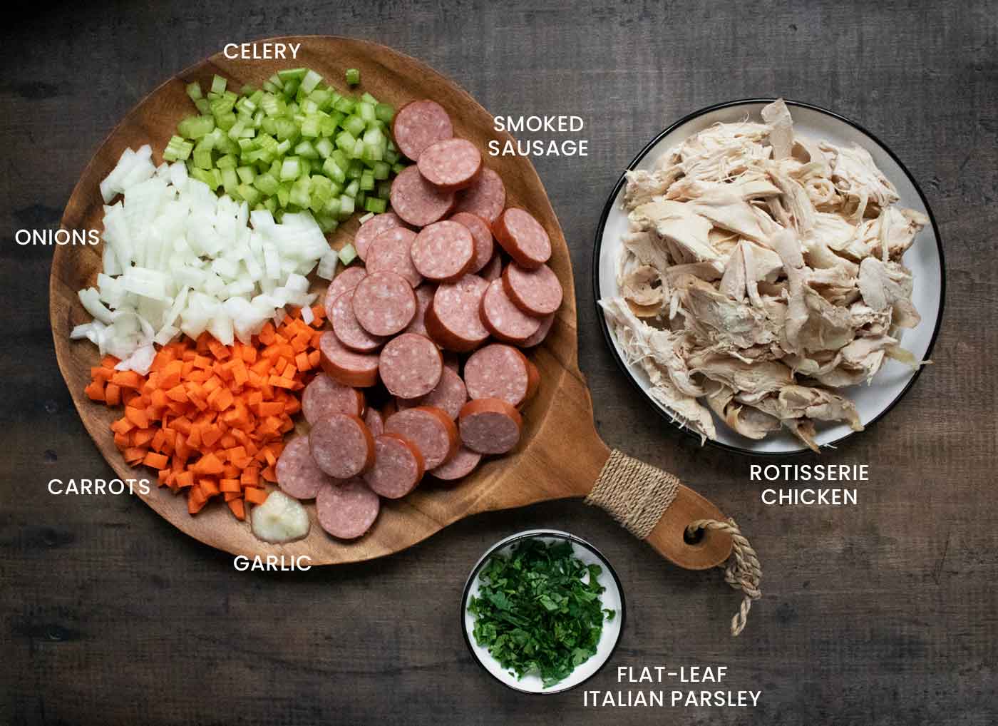 Overhead view of Chicken Bog ingredients, prepped and ready to cook.