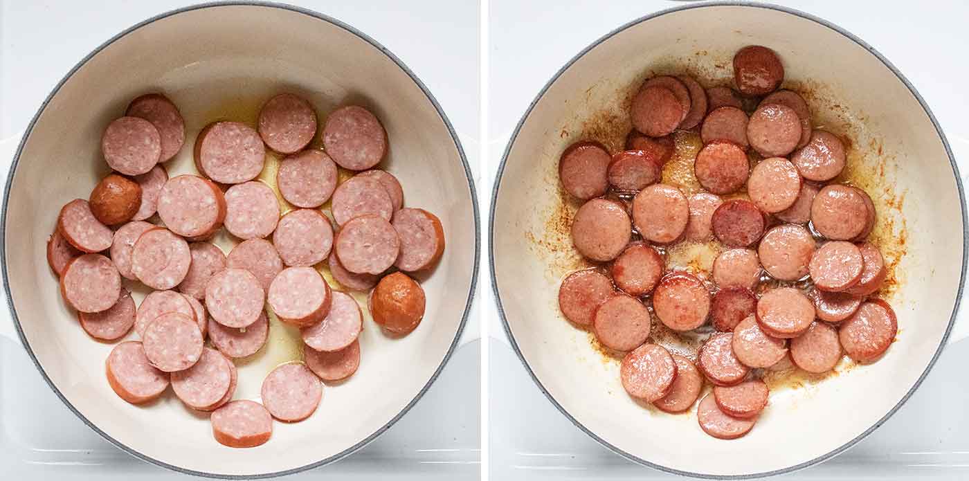 Photo duo showing the smoked sausage browning in butter in the pot.