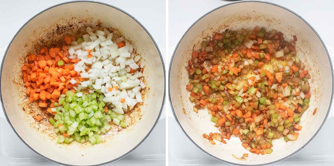 Photo duo showing the aromatic veggies cooking in the butter and fond left behind by the smoked sausage.