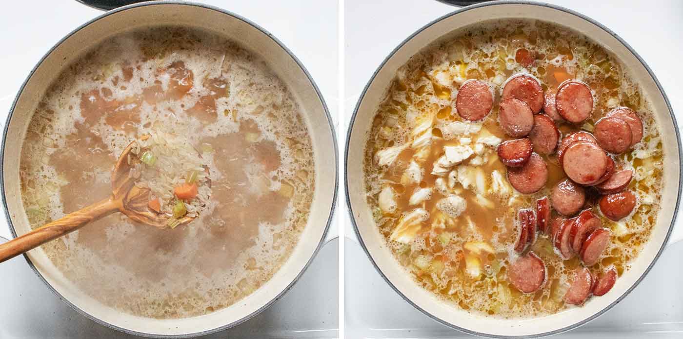 Photo duo showing the rice, chicken and sausage cooking in the pot.