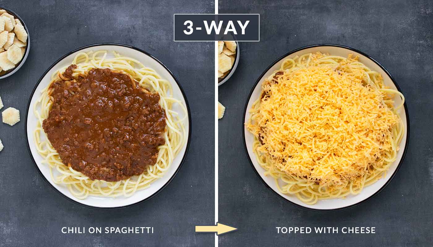 A photo duo showing the components of a Cincinnati chili spaghetti 3-way.