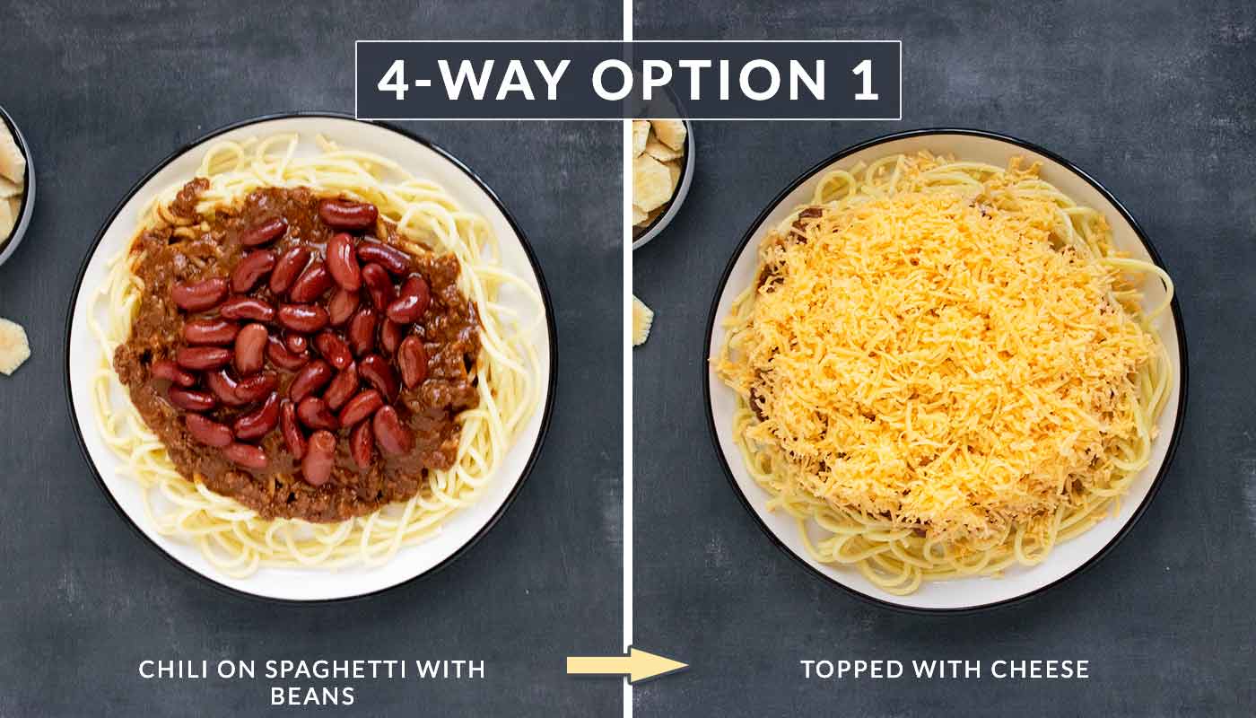 A photo duo showing the components of a Cincinnati chili spaghetti 4-way with beans.