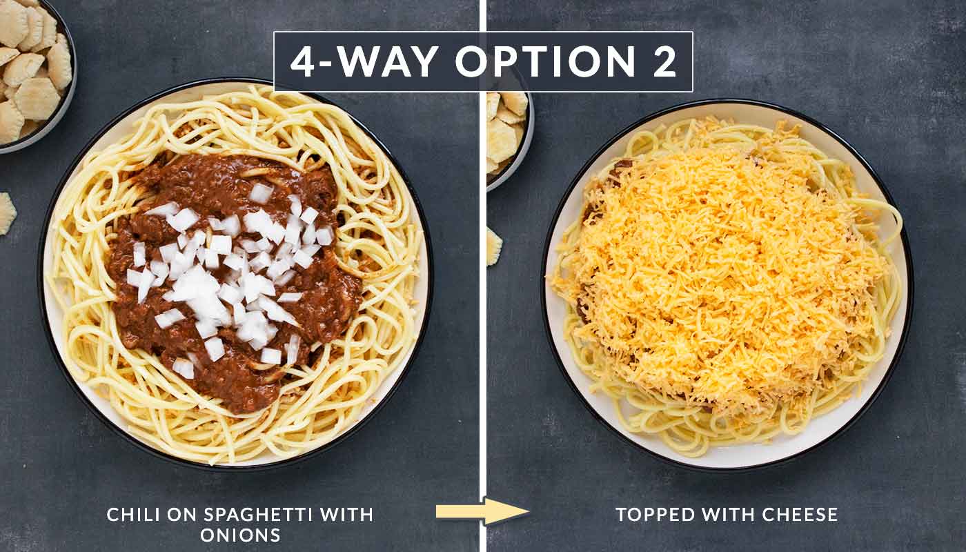 A photo duo showing the components of a Cincinnati chili spaghetti 4-way with onions.