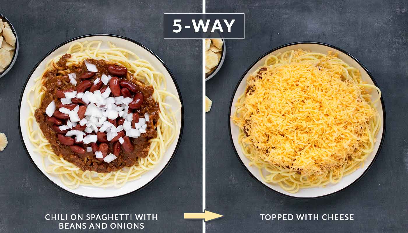 A photo duo showing the components of a Cincinnati chili spaghetti 5-way.