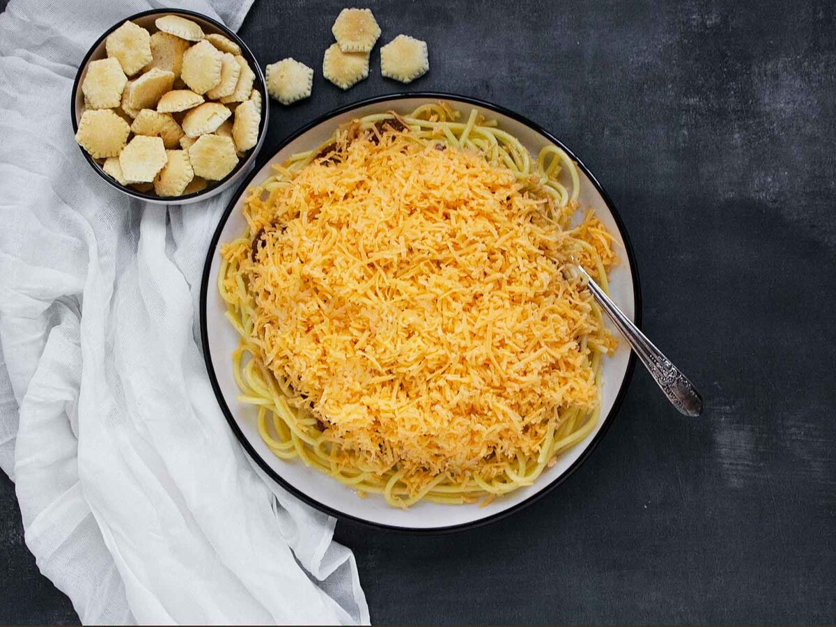 Overhead view of Cincinnati Chili on a plate with a fork.