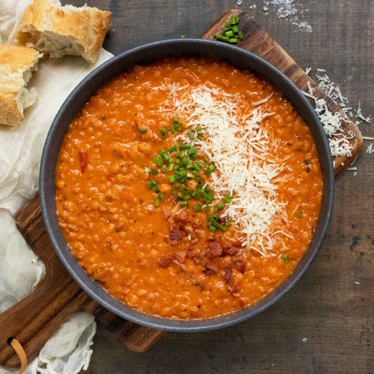 Overhead view of a bowl of Marry Me Red Lentil Soup.
