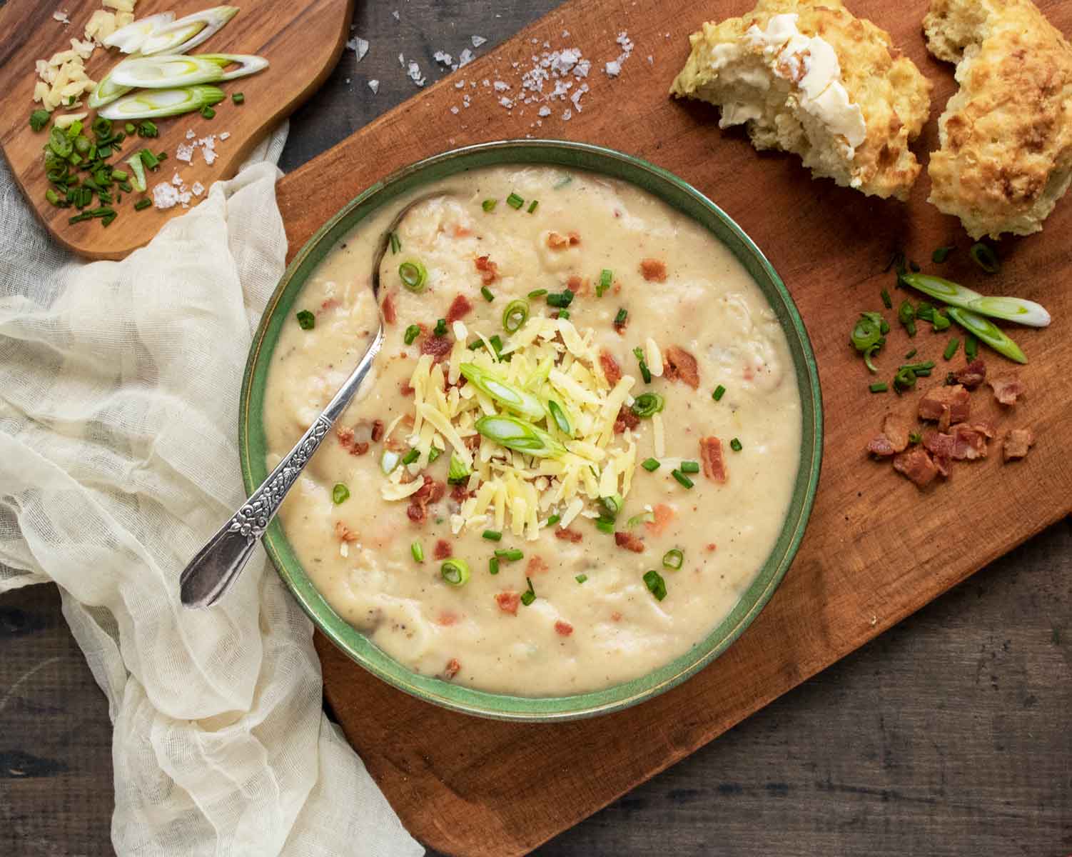 Overhead view of a bowl of Irish Potato soup.