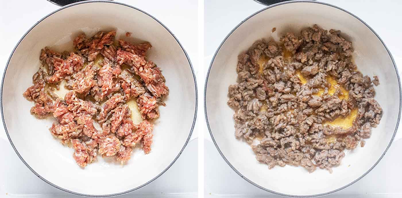 Photo duo showing browning the sausage in a large dutch oven.