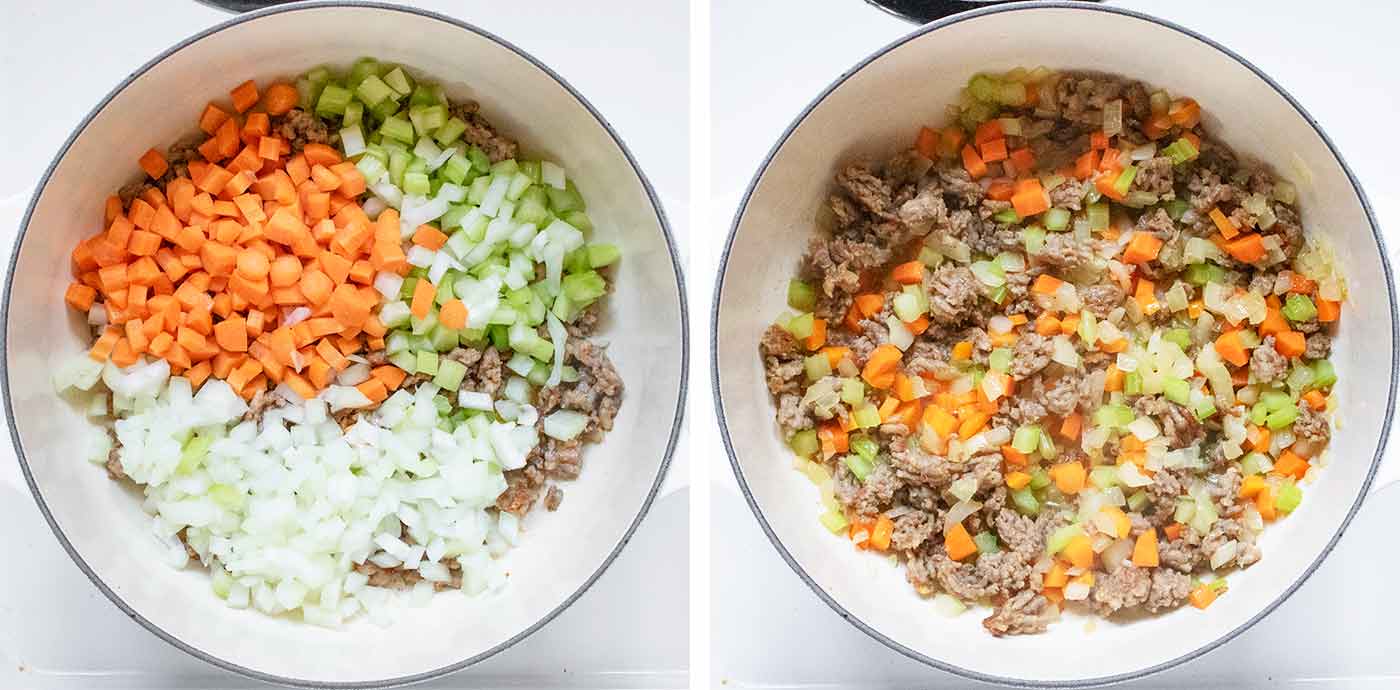 Photo duo showing aromatic vegetables cooking with the sausage.