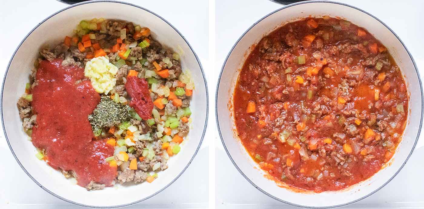 Photo duo showing the tomato products and seasonings added to the soup pot.