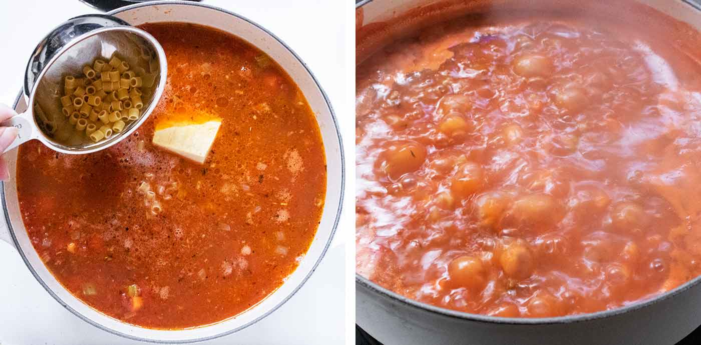 Photo duo showing cooking the pasta in the soup.