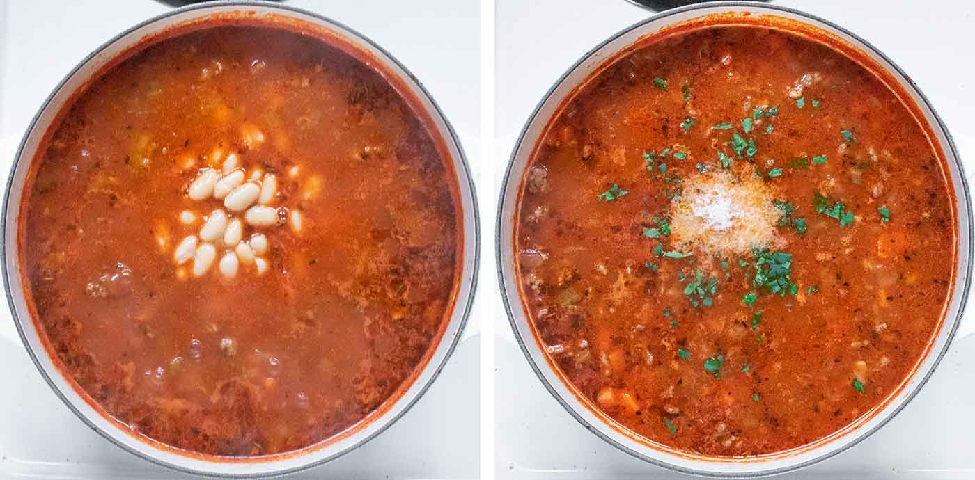 Photo duo showing the canned beans warming through in the soup, and finishing with garnishes.