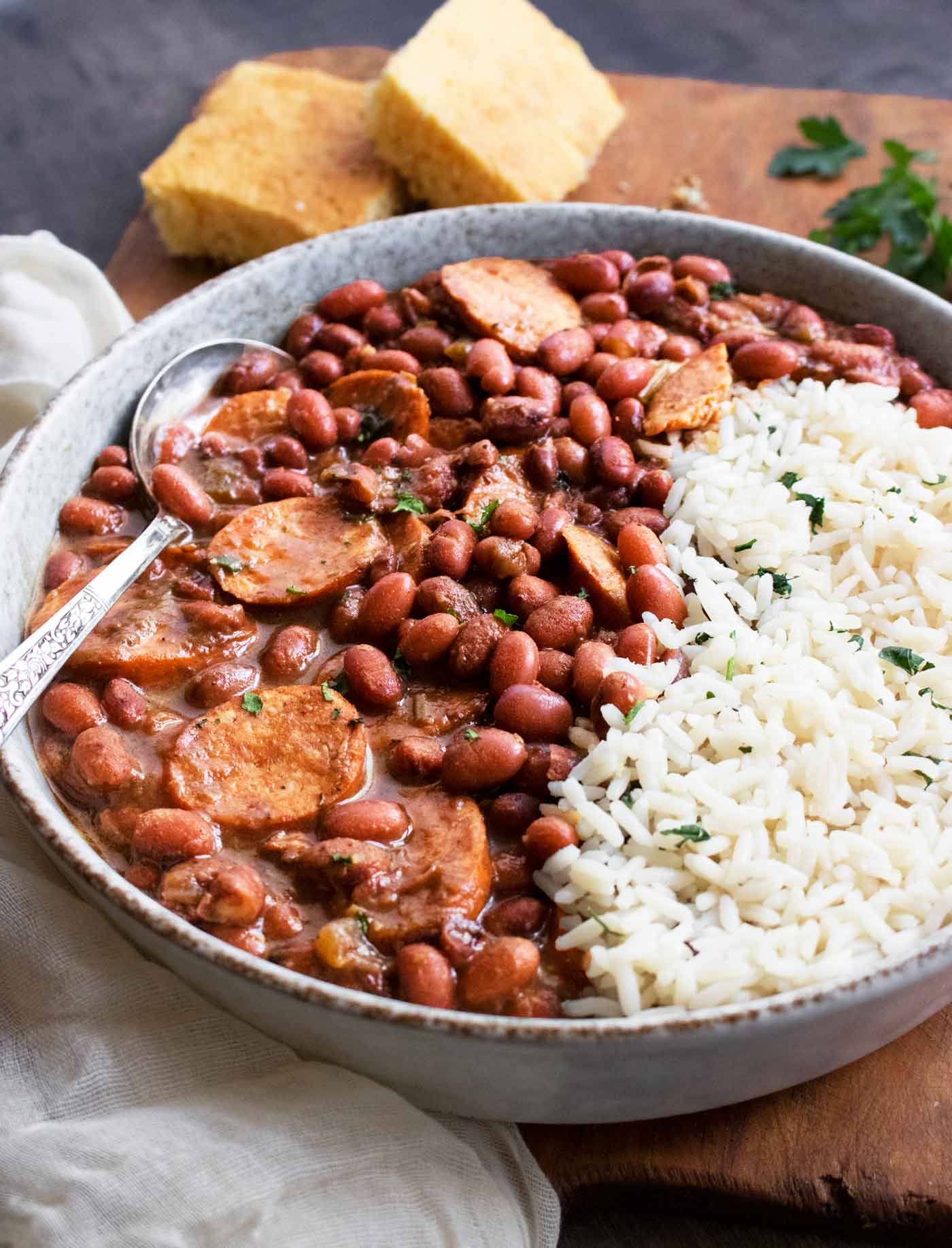 Side angled view of a bowl of Red Beans and Rice.