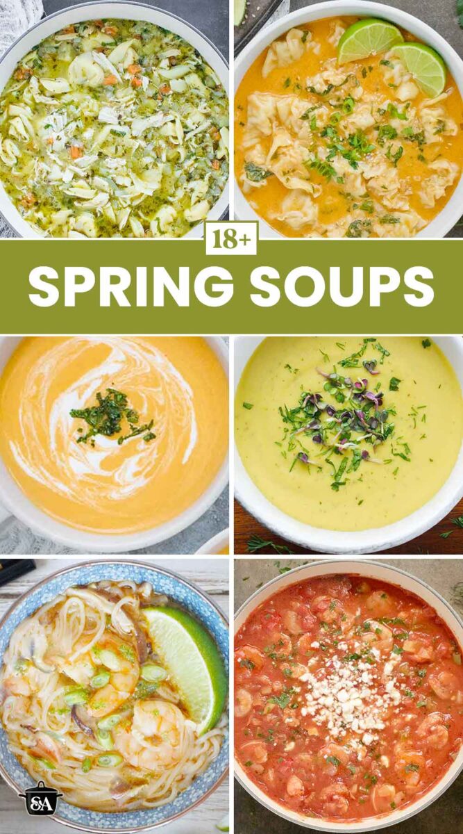 Pinterest pin image featuring a collage of photos for a Spring Soups post.