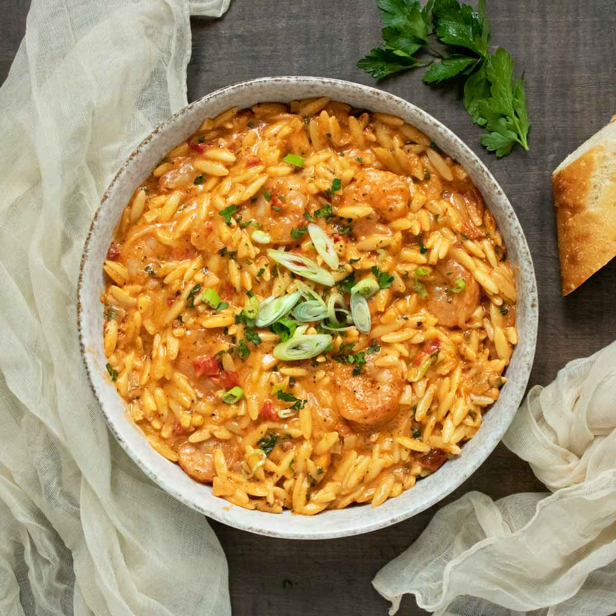 Marry Me Shrimp and Orzo in a bowl.