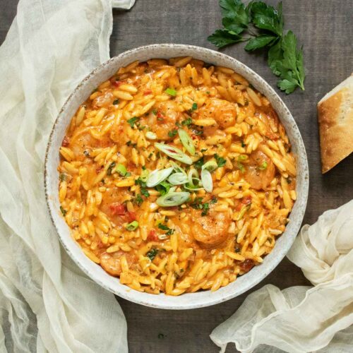Overhead view of a bowl of Marry Me Shrimp & Orzo.