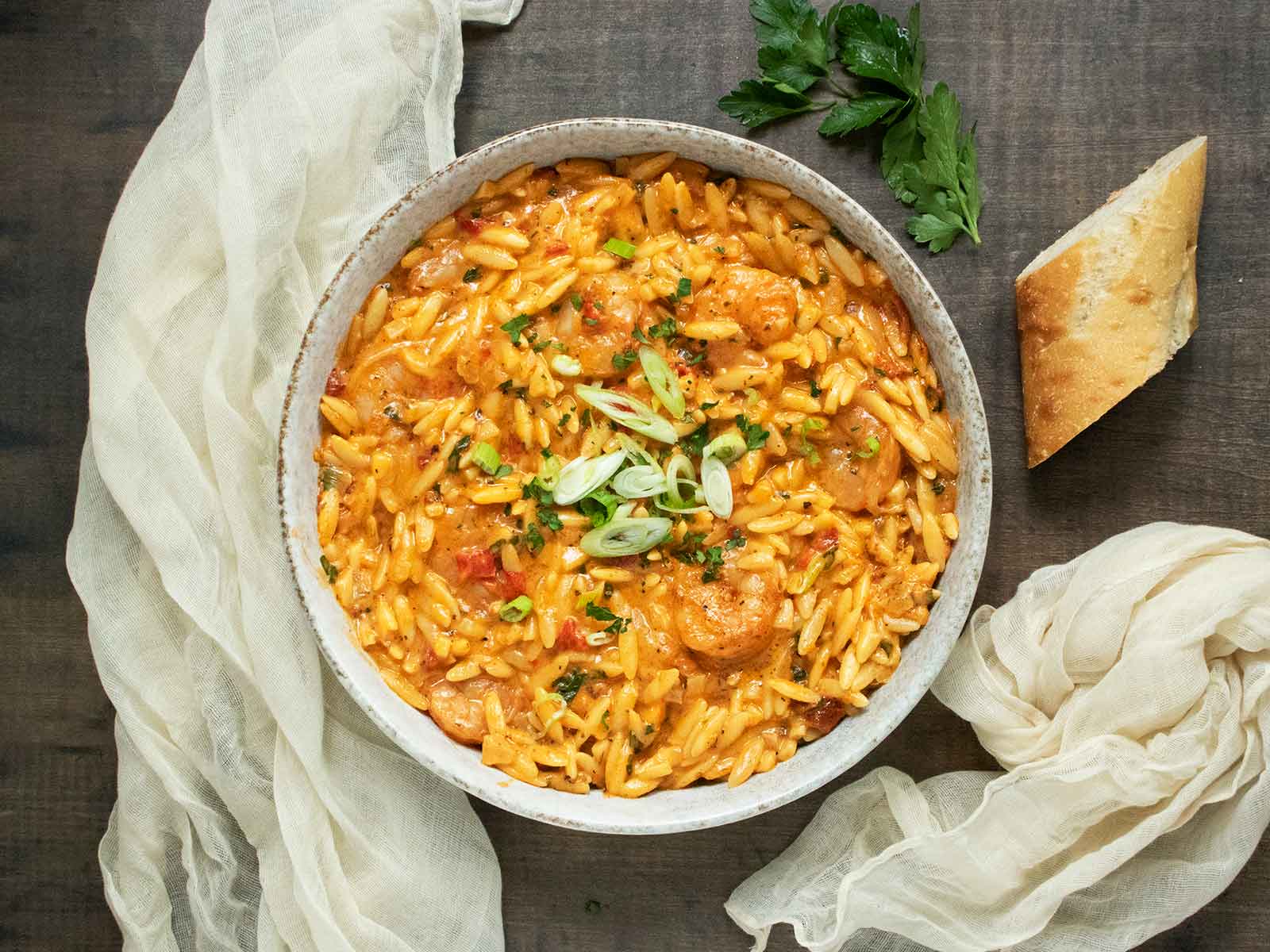 Overhead view of a bowl of Marry Me Shrimp & Orzo.