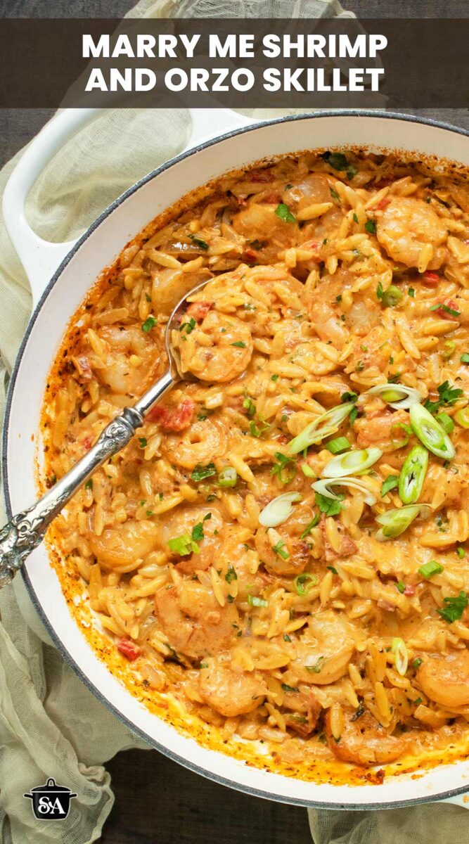 Pinterest pin image for Marry Me Shrimp & Orzo.