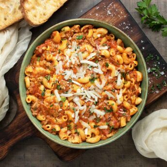 American Goulash in a green bowl.