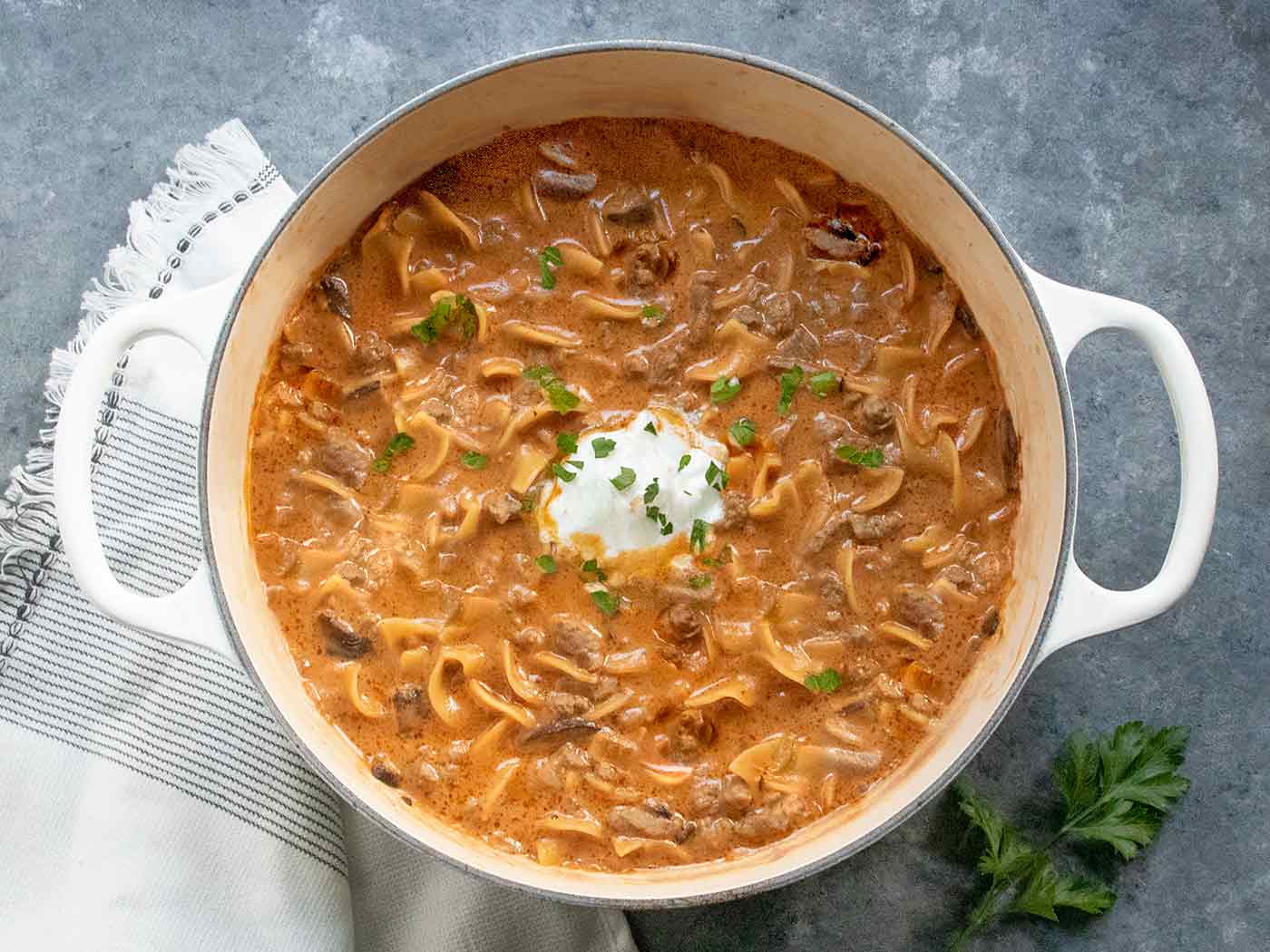 Overhead view of Beef Stroganoff Soup in a large soup pot.