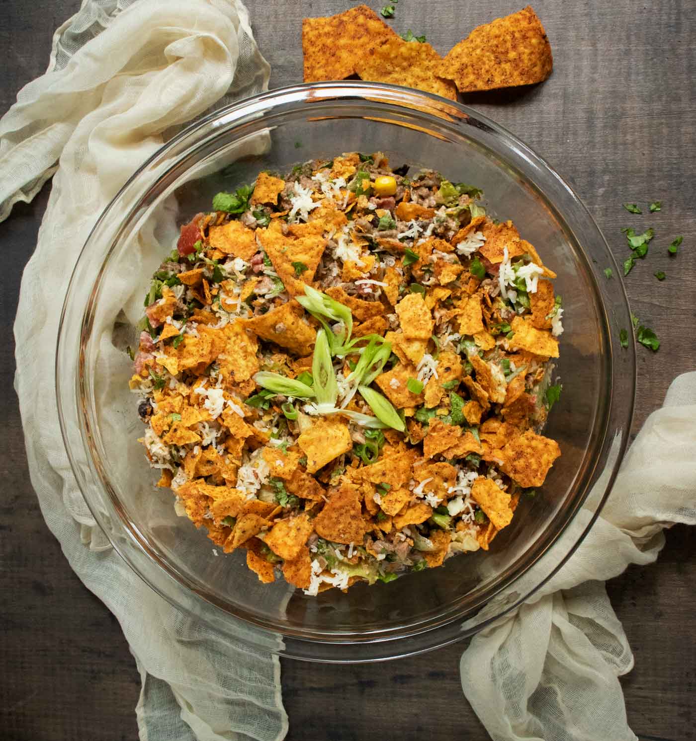Doritos Taco Salad in a large glass serving bowl.