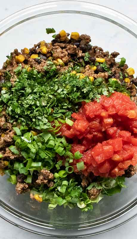 Assembling the salad with the meat mixture, tomatoes, green onions, and cilantro.