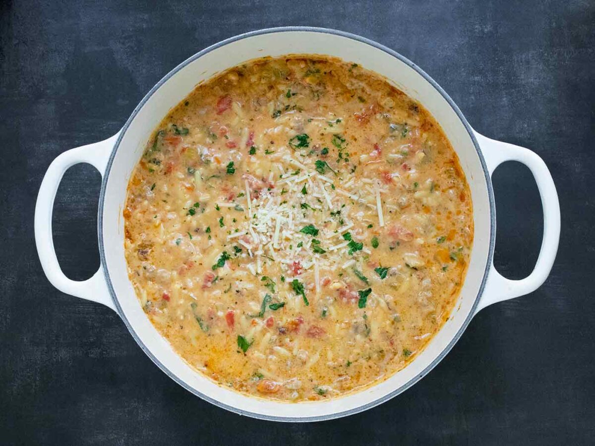 Marry Me Sausage Orzo Soup in a large Dutch oven.