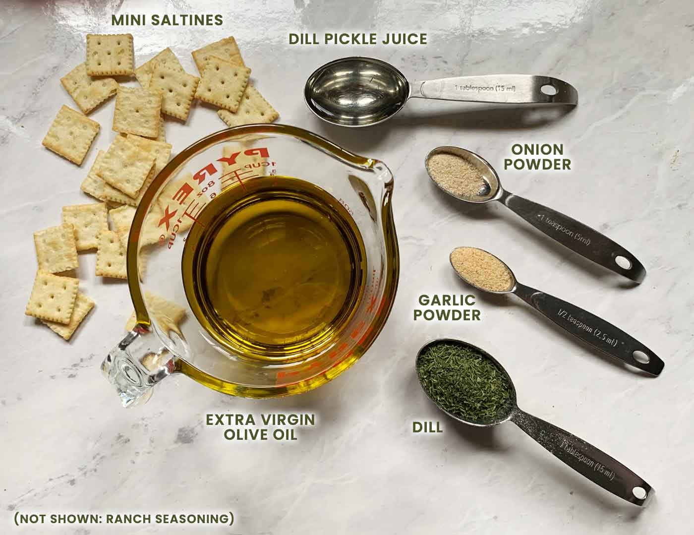 Ingredients for Dill Pickle Saltines measured out and ready to use.