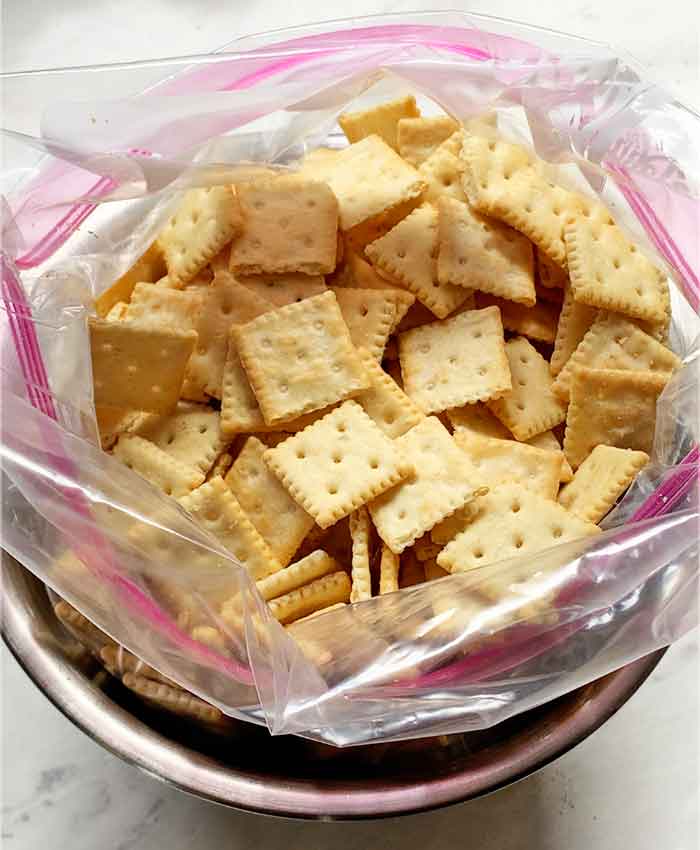 Mini saltine crackers in a gallon bag.