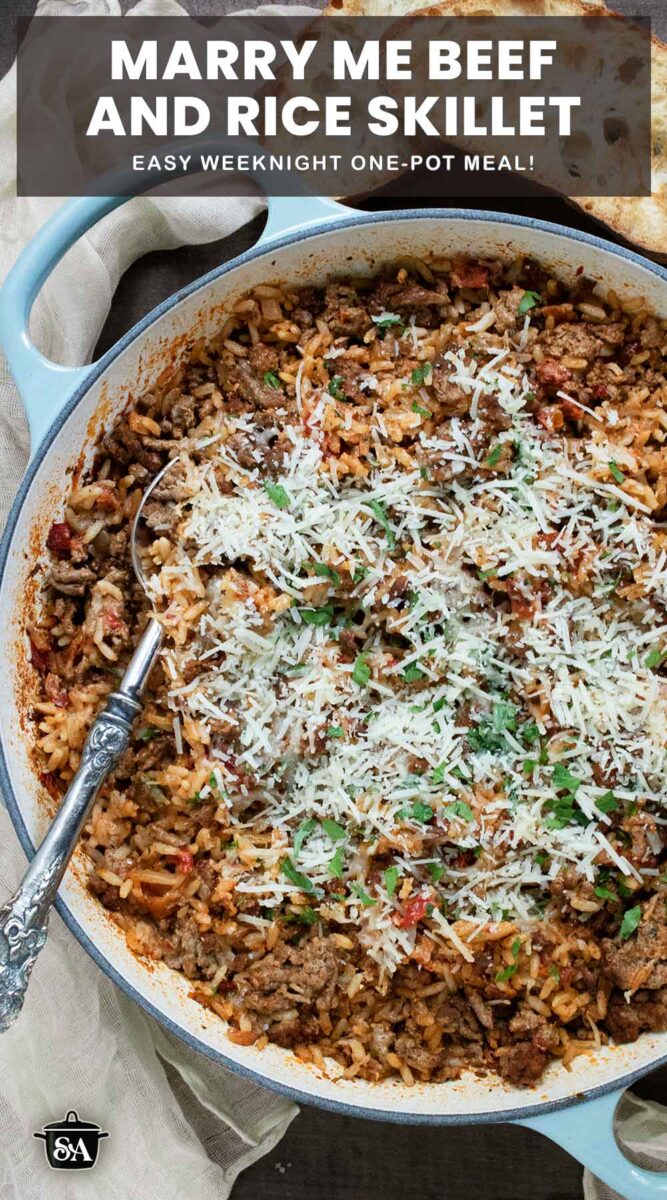 Pinterest pin image featuring Marry Me Beef and Rice Skillet.
