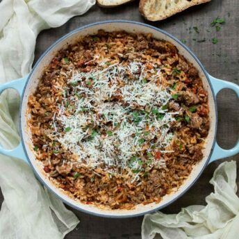 Overhead view of Marry Me Beef and Rice in a large skillet.