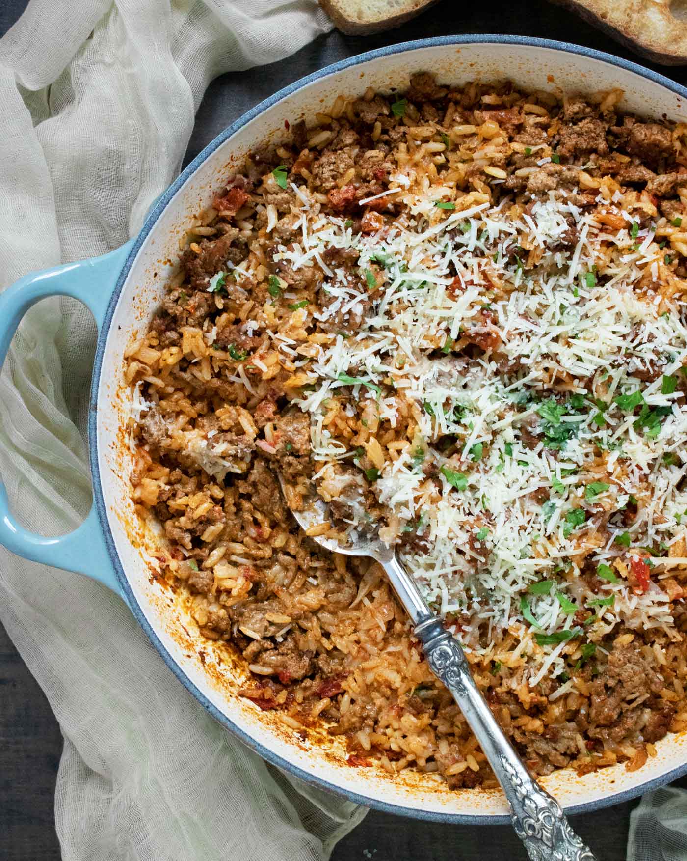 Marry Me Beef and Rice Skillet with a serving spoon.