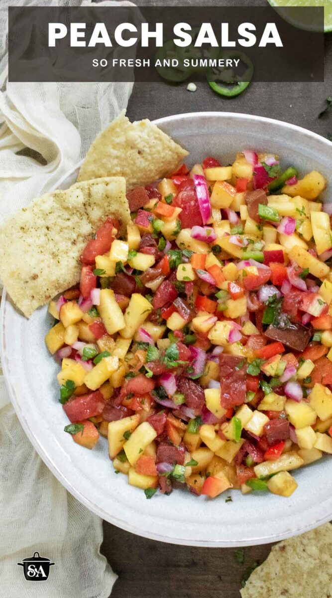 Pinterest pin image for peach salsa recipe.