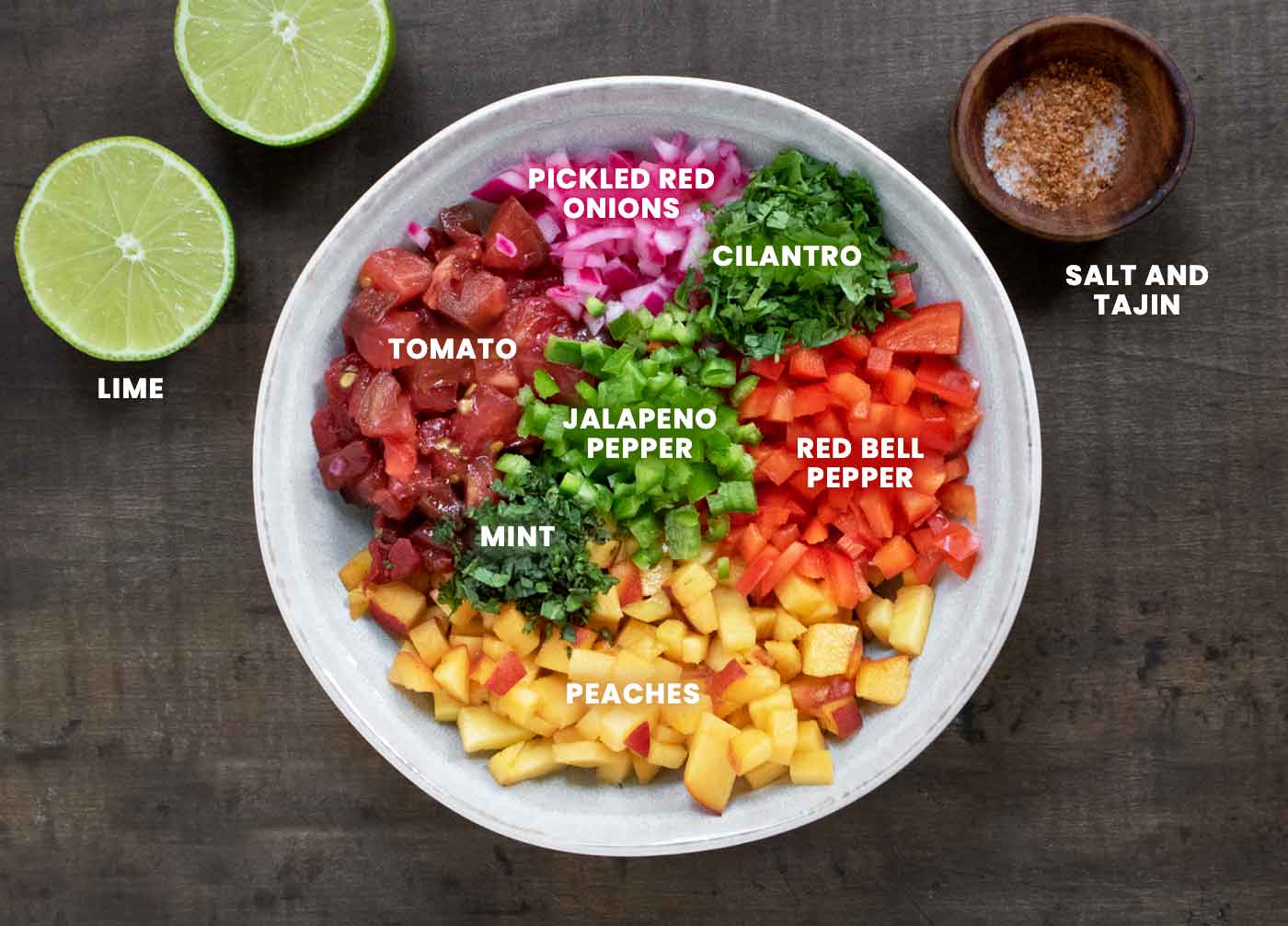 The prepared ingredients for peach salsa in a bowl, and labeled.